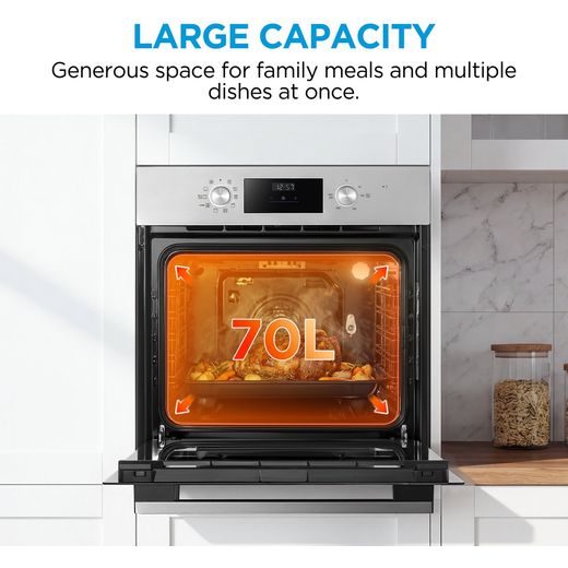 Midea Xpress Fry MBO65M90D2-SS Built In Electric Single Oven - Stainless Steel - annotation - 70 litre capacity